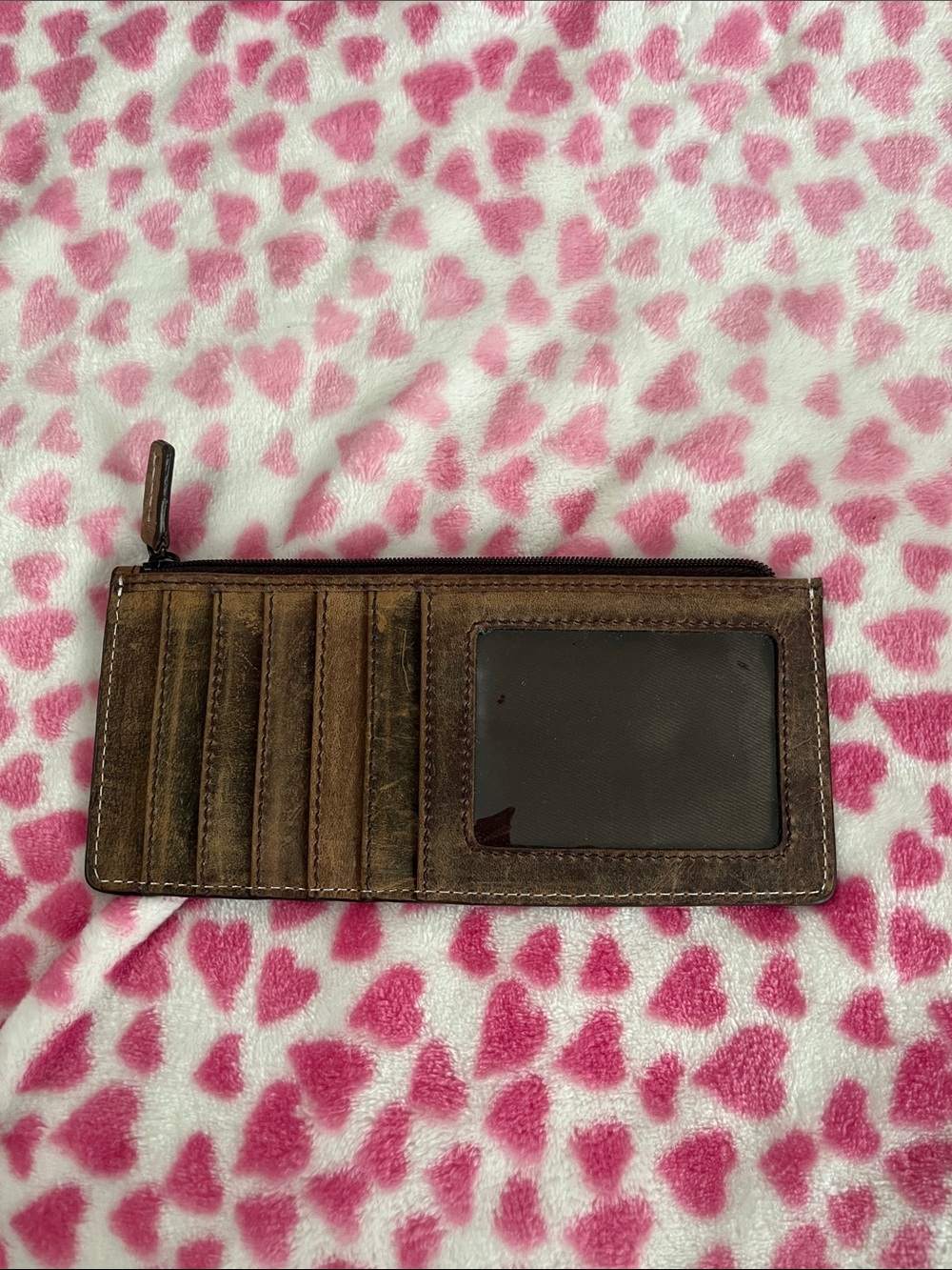 Brown Leather Men's Zip Card Wallet with ID Window
